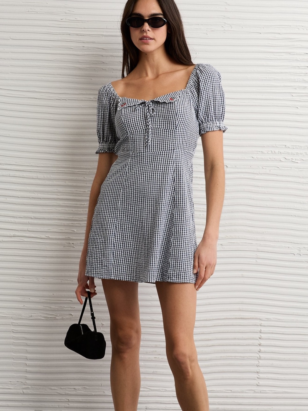 AE Gingham Puff-Sleeve Mini Dress in Black & White NWT
